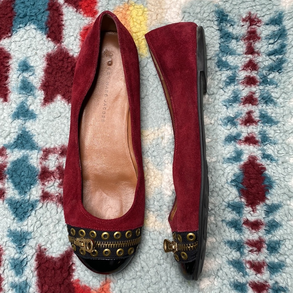 Marc by Marc Jacobs Red Suede and Patent Leather Zipper Ballet Flats